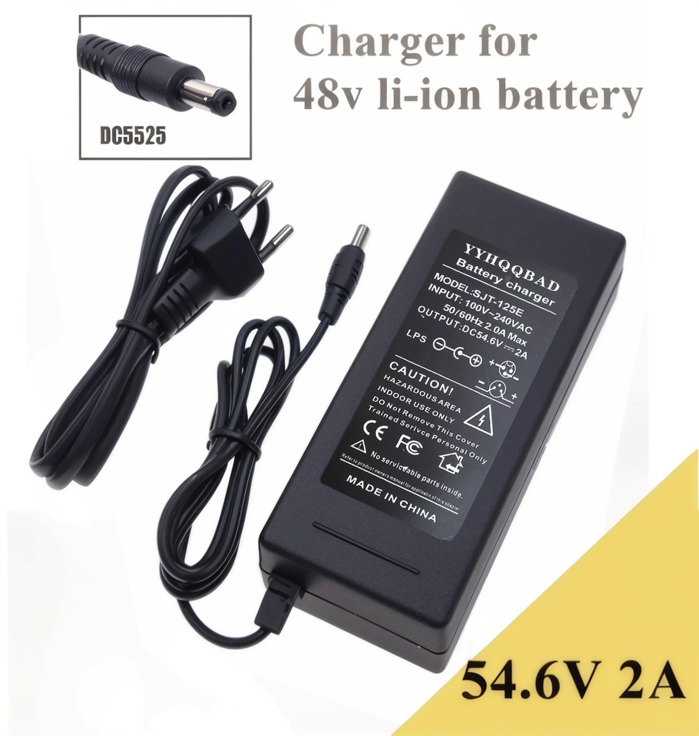 48v リチウムイオンバッテリー 13S 18650 バッテリーパック用 54.6V 2A 充電器 DC5525 コネクタ