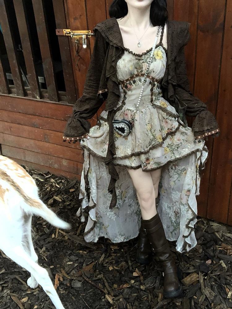 ワイルドローズボヘミアンスタイルヴィンテージプリント不規則なキャミソールドレスフレアスリーブカーディガンドレスセットツーピースセット女性の衣装