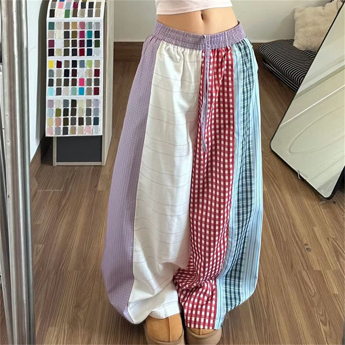 High Elastic Waist Color-block Striped Paid Casual Wide Leg Pants For Women Loose Trousers Fashion Spring Summer Hip Hop Pants