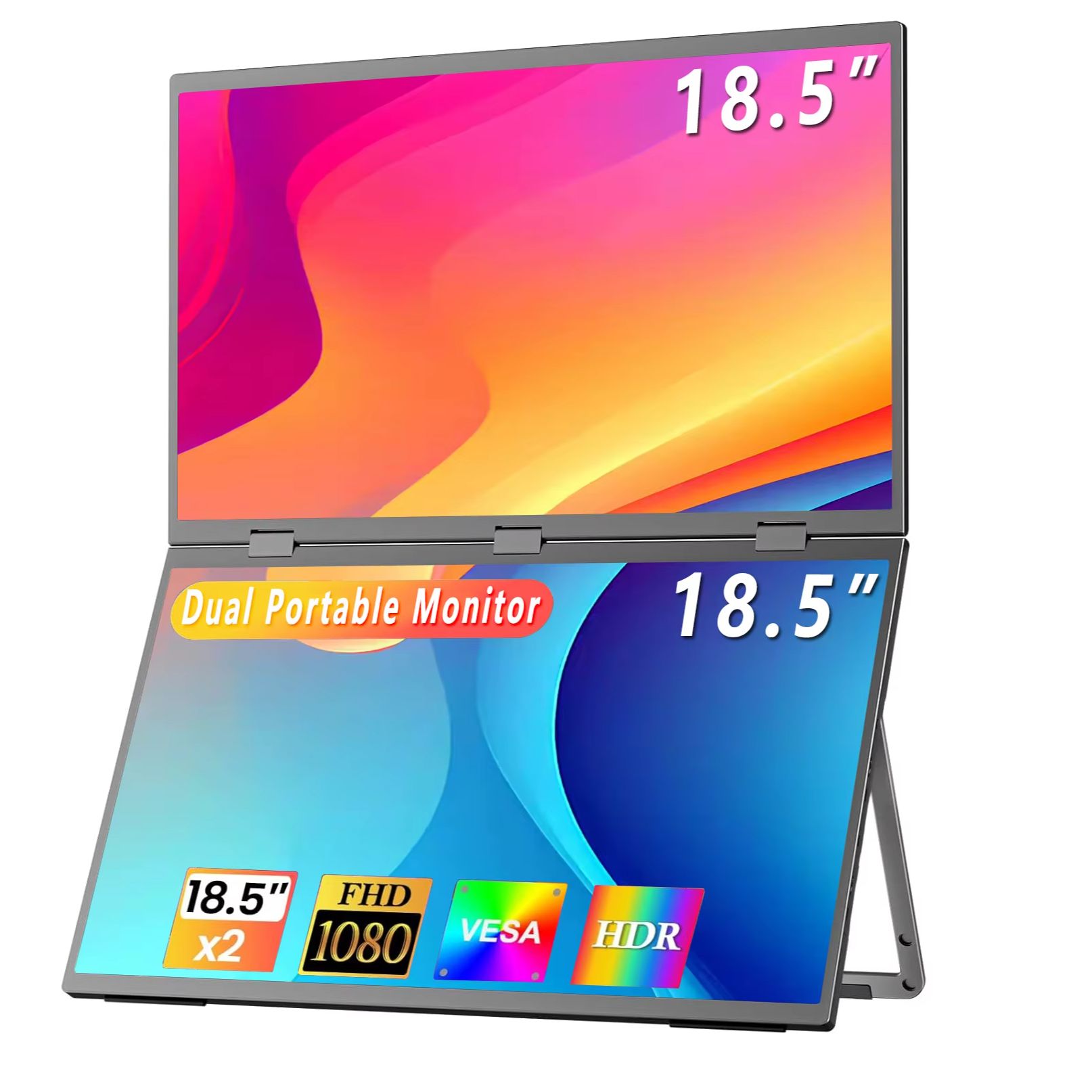 18.5 インチ折りたたみ式デュアルポータ​​ブルモニター 100Hz 1920*1080 FHD IPS 100%sRGB Type-C HDMI デュアル拡張スクリーンラップトップゲーム用