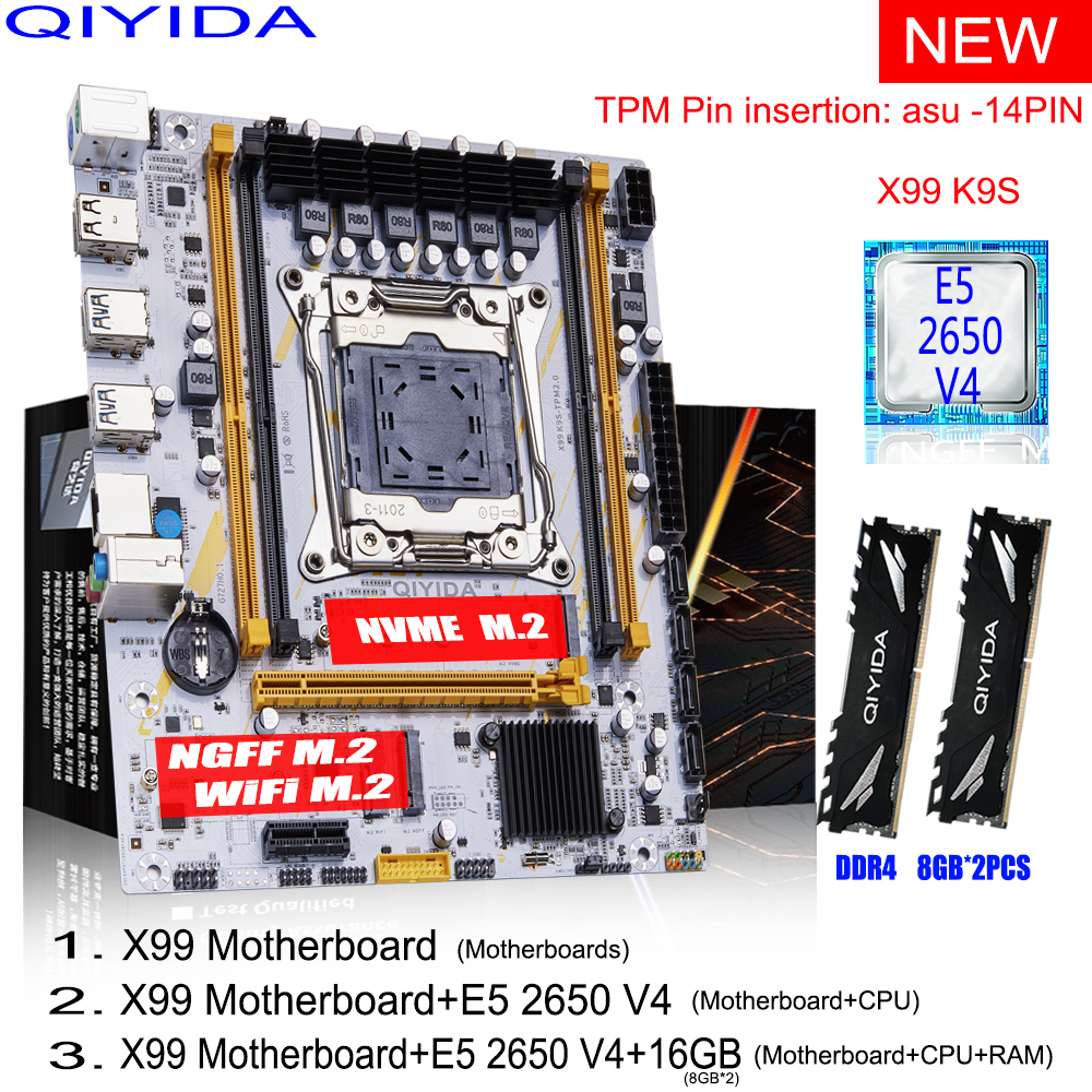 QIYIDA X99 Motherboard Set Combo Xeon E5 2650 V4 CPU LGA 2011-3 Processor 16GB=8gbx2 DDR4 RAM Memory NVME M.2 NGFF X99C612 chip