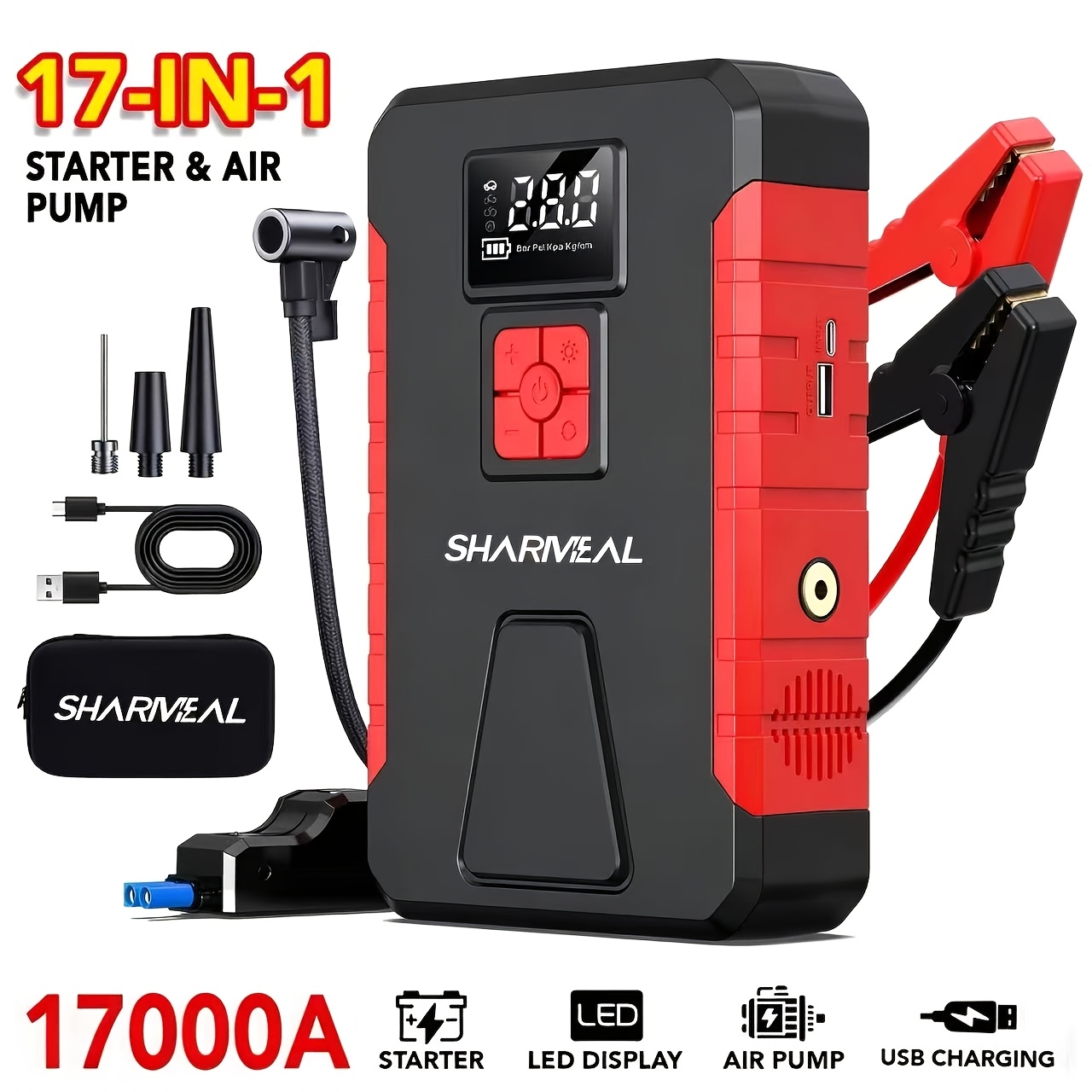 15000A-17000A ピーク 350PSI 12V 17-in-1 ポータブルジャンプスターター エアコンプレッサー付き ジャンプスターター カーバッテリー充電器 カージャンプスターター エアコンプレッサー付き ジャンプスターターパラ カーアクセサリーツール LED L