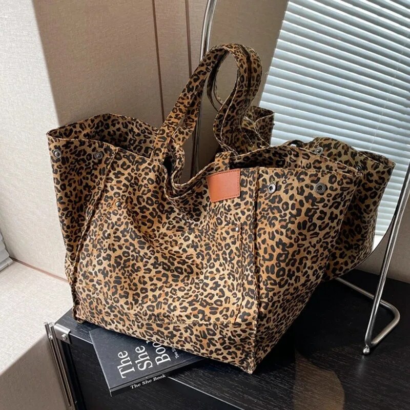 ヒョウ柄トートバッグヴィンテージキャンバスショルダーバッグファッション大容量ハンドバッグ学校通勤ショッピング
