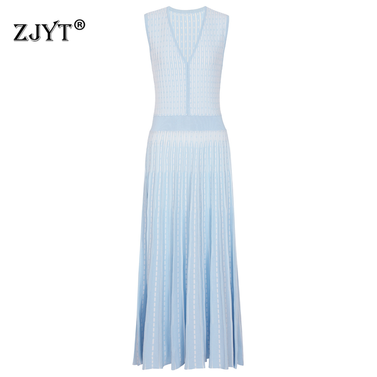 ZJYT 夏の女性のカジュアルドレス Ropa Mujer 2026 ノースリーブストライプ柄ニットミディセータードレスタンクホリデー Vestidos