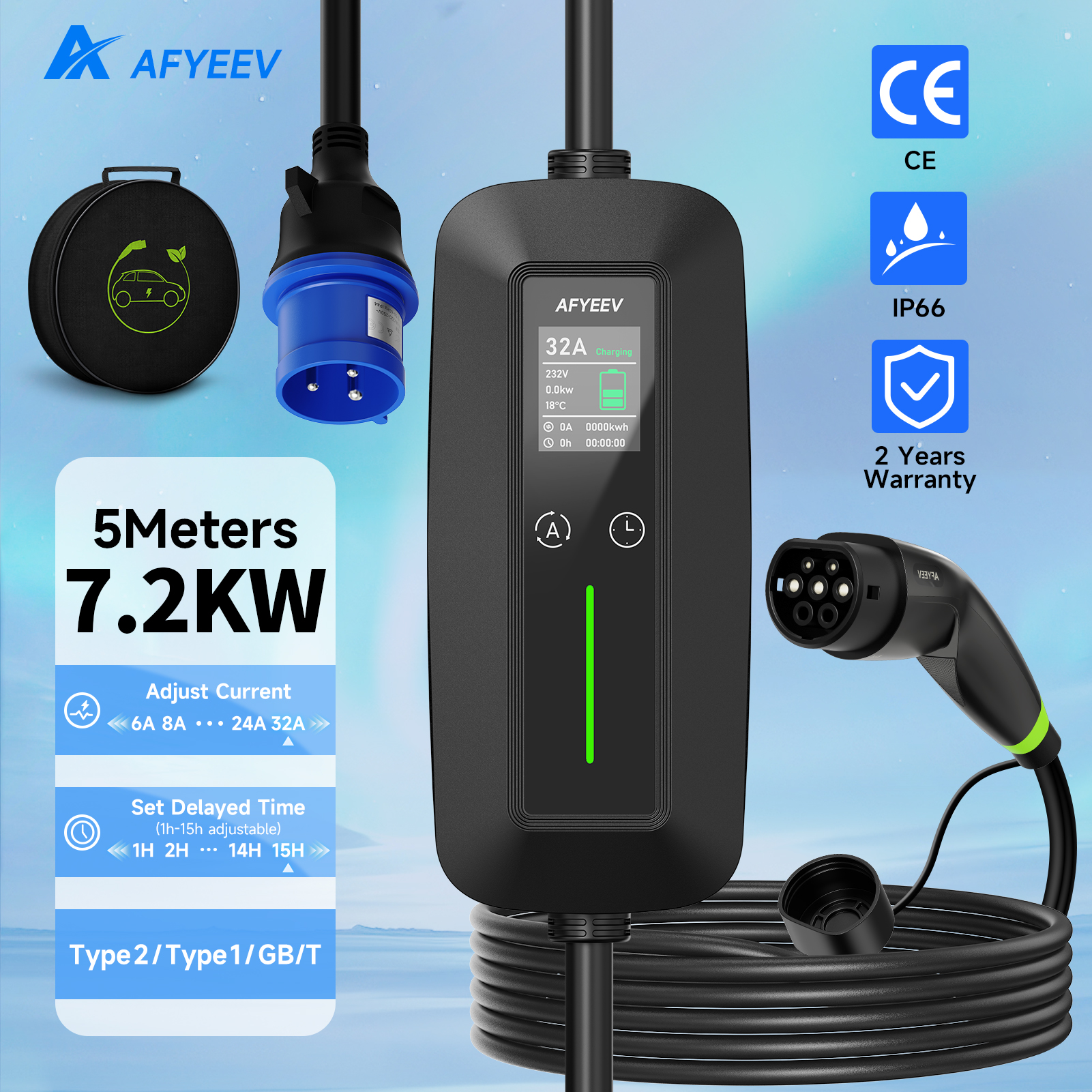 AFYEEV タイプ 2 ポータブル EV 充電器 7.2KW 32A 1 相ウォールボックス Type1 電気自動車充電器 GB/T EVSE 充電ケーブル CEE プラグ