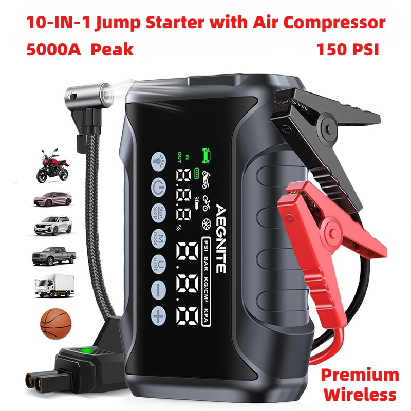 エアコンプレッサー付き 10-IN-1 ジャンプスターター、5000A ポータブルカーバッテリーブースター (9.0 ガス/6.5L ディーゼル) 150PSI 自動シャットオフタイヤインフレーター付き、12V スーパーセーフリチウムジャンプボックスカーバッテリージャンパースターター