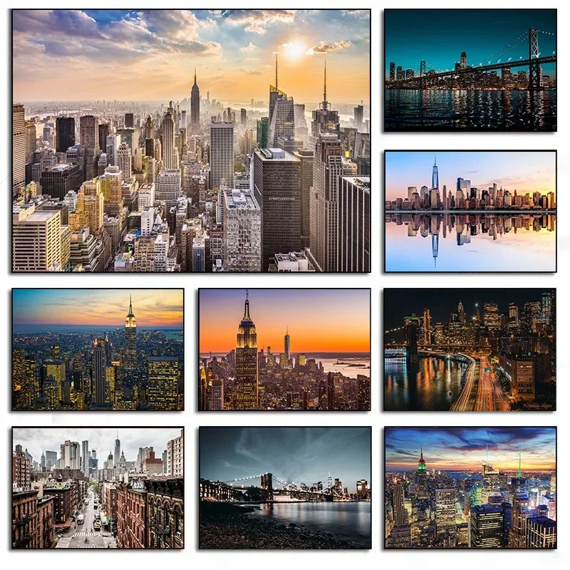 ニューヨーク市の夜のスカイライン風景ネオン建物ポスターキャンバス絵画壁アート写真リビングルームの家の装飾