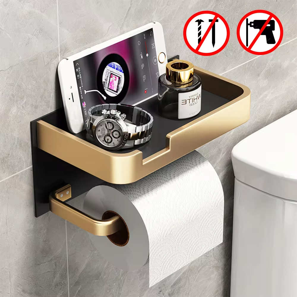 トイレットペーパーロールホルダー棚付きアルミトイレットペーパーディスペンサードリルなしティッシュハンガートイレバスルームアクセサリー