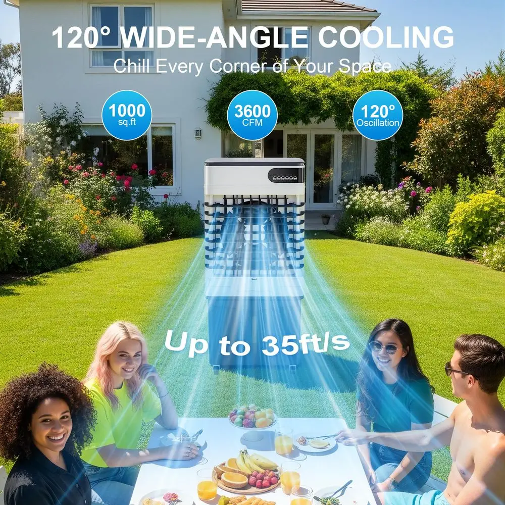 3600CFM スワンプクーラー、13.5 ガロン水タンク付き蒸発空気クーラー、アイスパック 4 個、3 スピードサンプルモード、12 時間タイマー、120 オシラット
