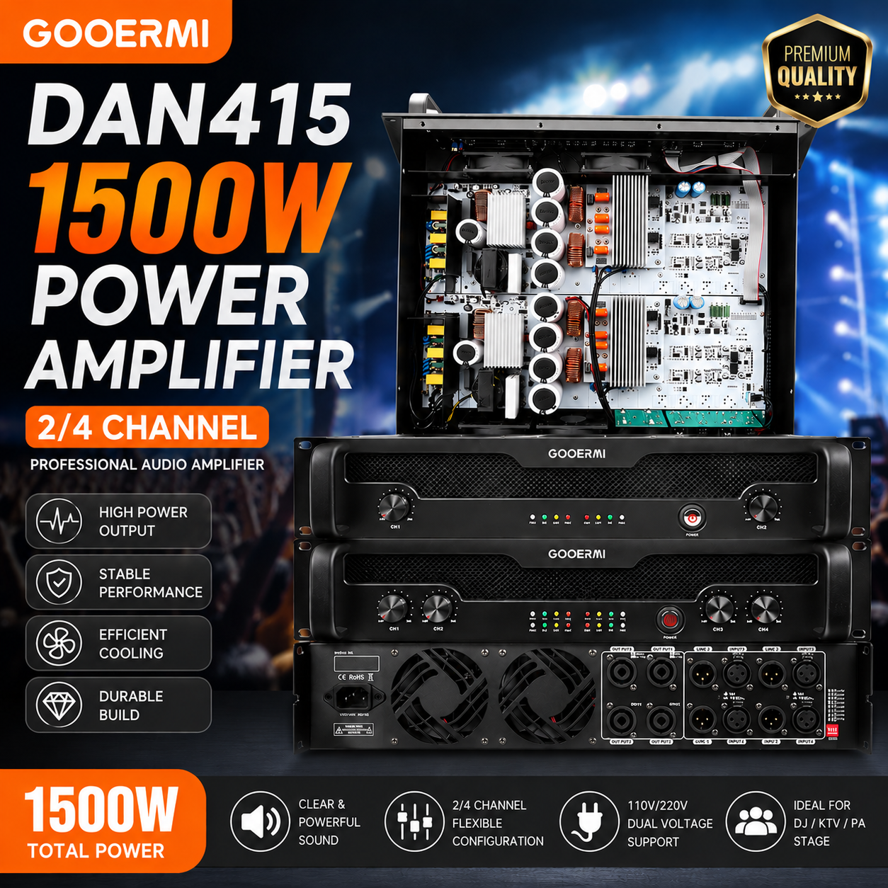 Gooermi DAN415 1500W プロフェッショナルパワーアンプ 2/4 チャンネルオーディオアンプ 110V/220V DJ ステージ KTV PA サウンドシステム