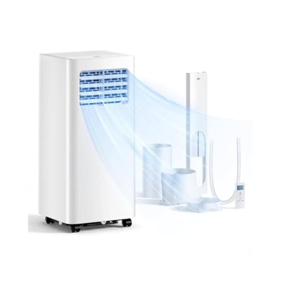 寝室用ポータブル AC ユニット: 8,000 BTU、3-in-1 冷却/ファン/除湿、白いプラスチック製ハウジング、静かなスリープ モード 24 時間タイマー、コーブ