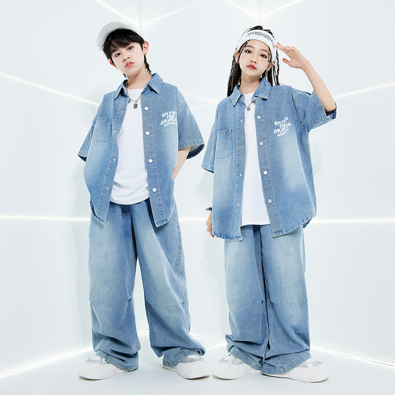 子供用ストリートダンスパフォーマンスコスチューム、男の子と女の子のデニムスーツ、ヒップホップステージダンスパフォーマンスランウェイコスチューム