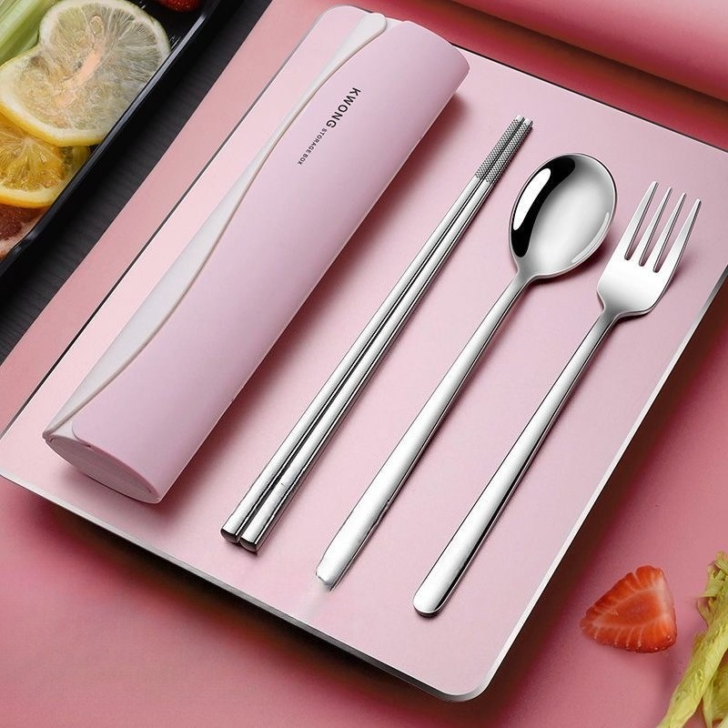 ステンレス鋼箸スプーンポータブル食器 3 点セット旅行収納ボックスカトラリーセット家庭用品