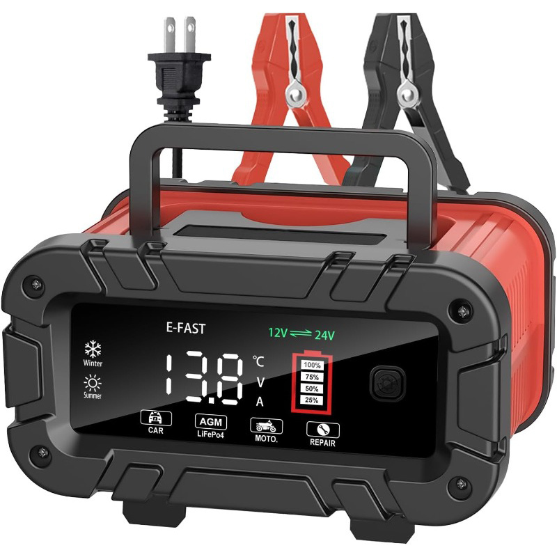 スマート保護付き自動車用ポータブル 10A 12V/24V カーバッテリー充電器
