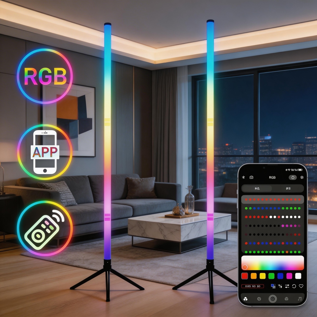 スマート LED フロアランプ RGB リモコンとアプリ制御付き 音楽同期コーナー照明タイマー モダンな雰囲気 リビングルームやゲーム用