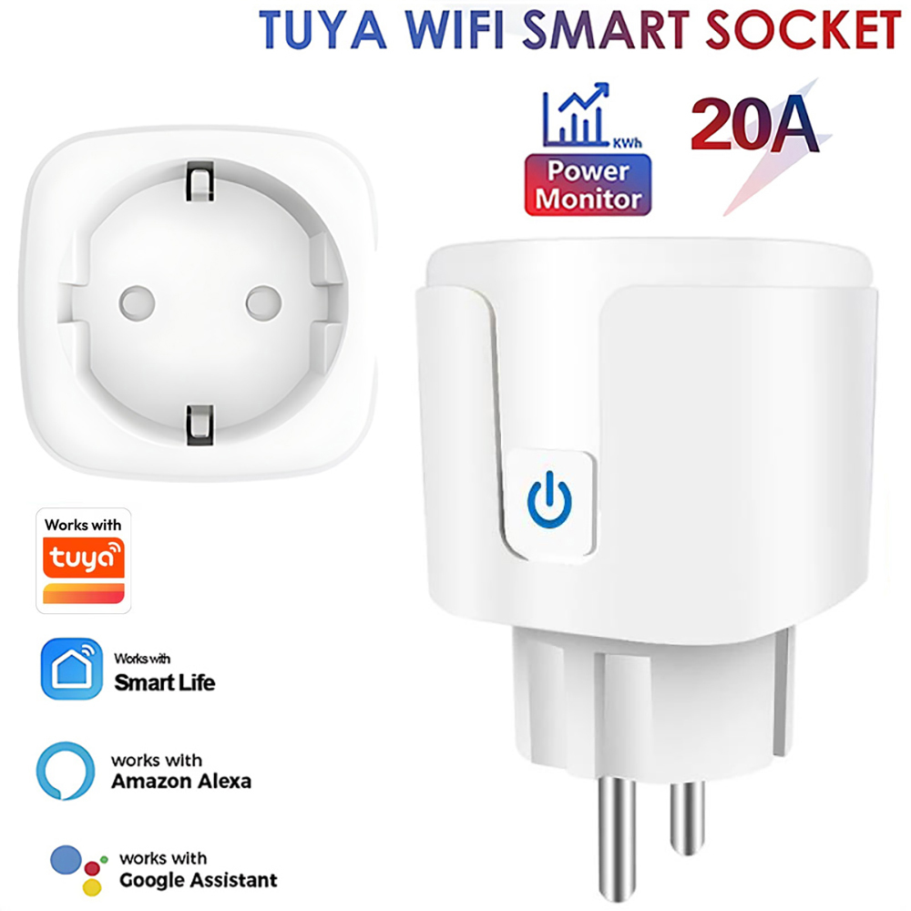 スマートソケット EU プラグ WIFI 16/20A パワーモニタータイミング付き、音声制御 Tuya APP Alexa Google Home アリスと連携