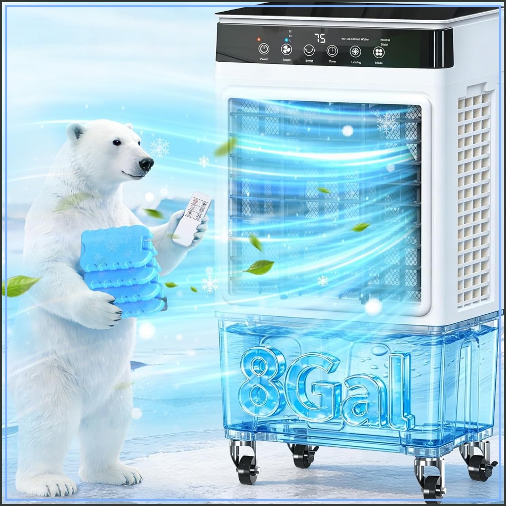 4000 CFM 蒸発空気クーラー、8 ガロンタンク、4 モード、3 速度、リモート、12 時間タイマー、乾焼け保護、寝室、自宅、オフィス用ポータブル AC