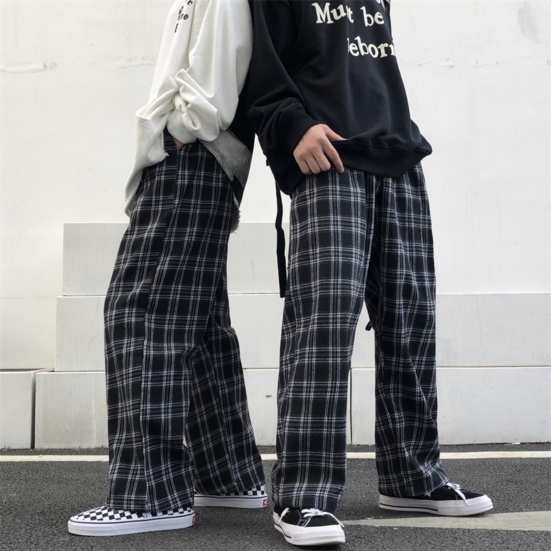 オーバーサイズパンツ女性スウェットパンツ夏のファッション黒チェック柄カジュアルパンツ弾性ウエストカジュアルポケット学生ユニセックスズボン