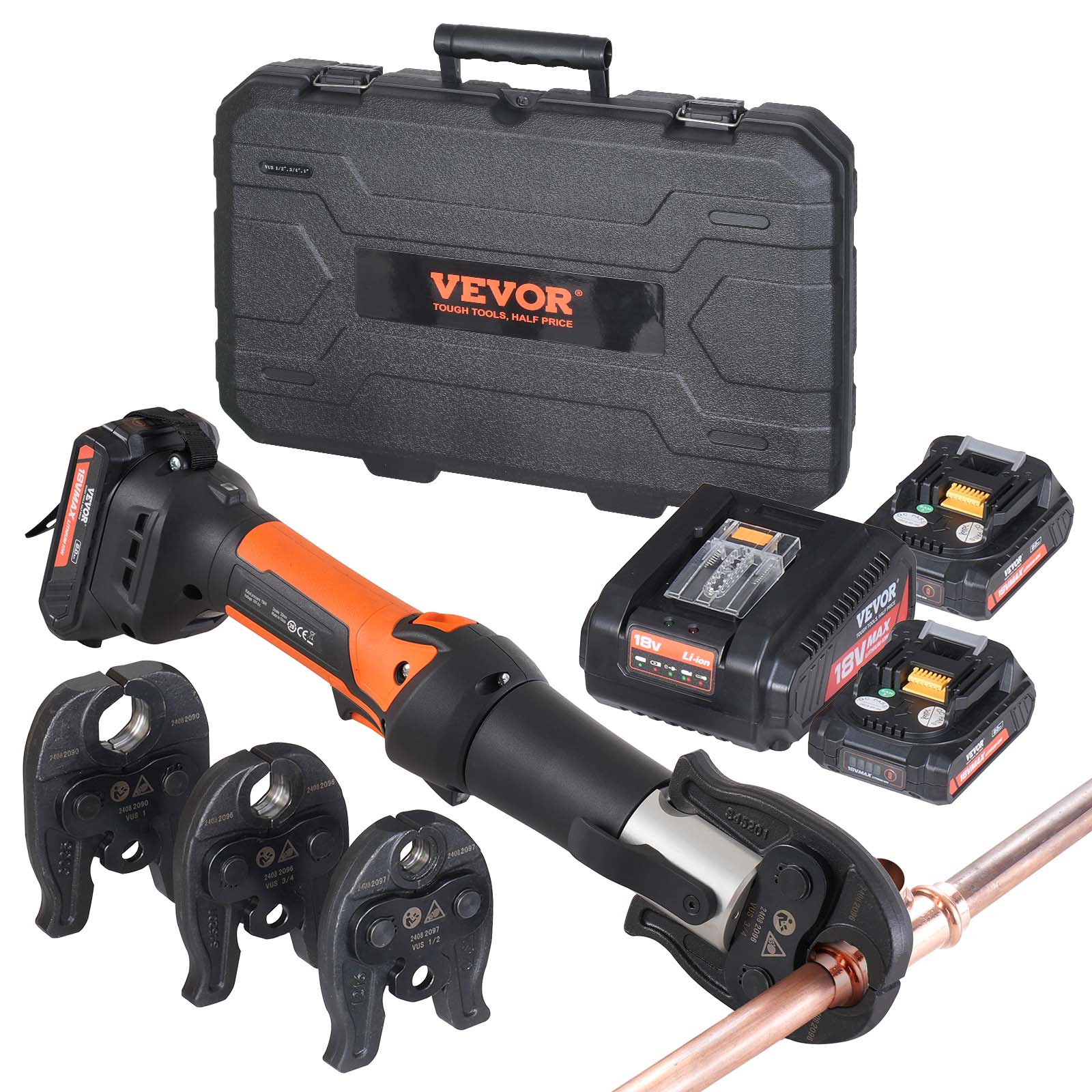 SucceBuy プレスツール 18V 電動パイプ圧着工具 1/2" 3/4" 1" 銅パイプ用 プレスツールキット 3 ジョー付き 2 個バッテリー Propress と互換性あり