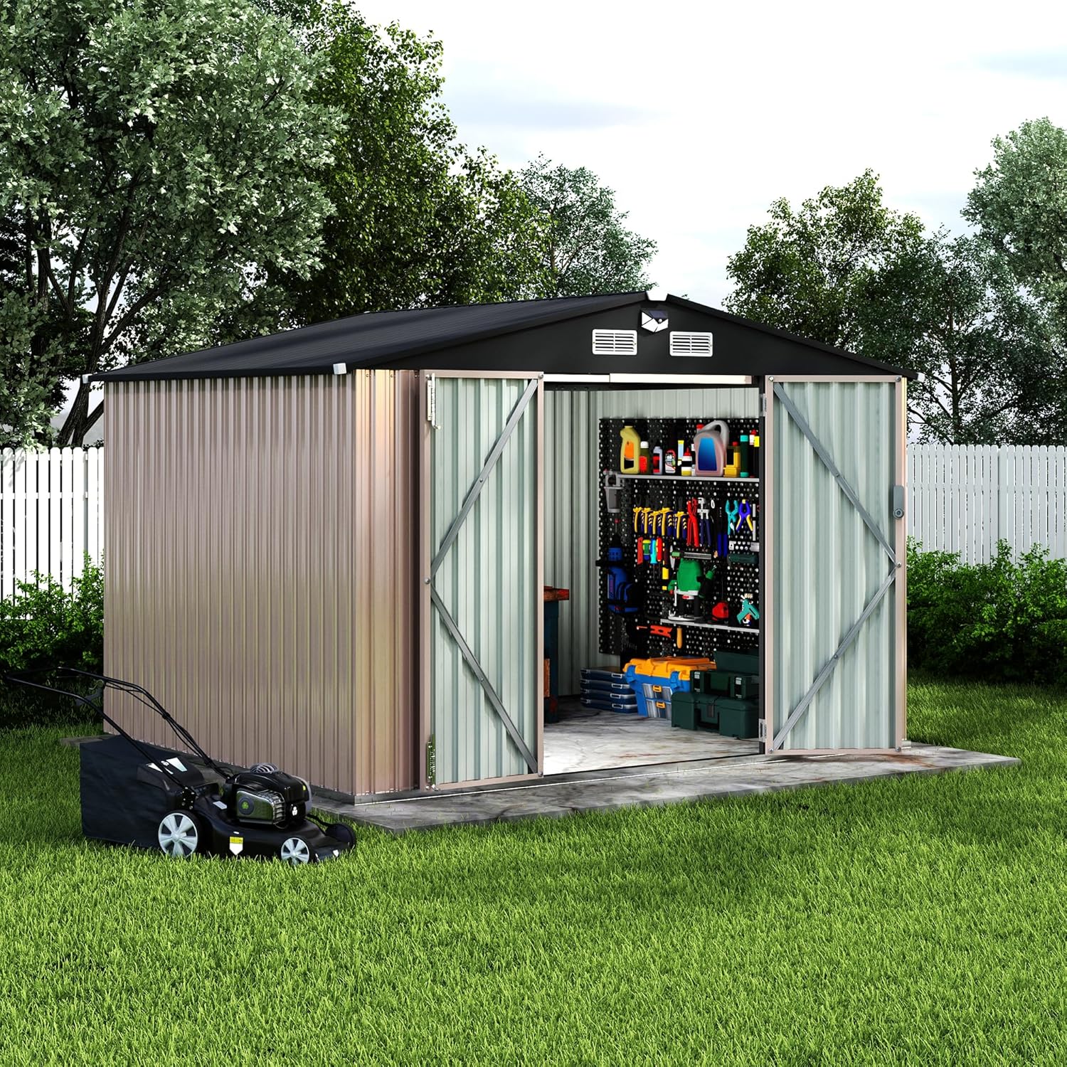 8x10 フィートの金属製収納小屋 屋外 ソーラーライト付き ロック可能なドア付き MetalTool 小屋 MetalYard 小屋 庭 カスタマイズ