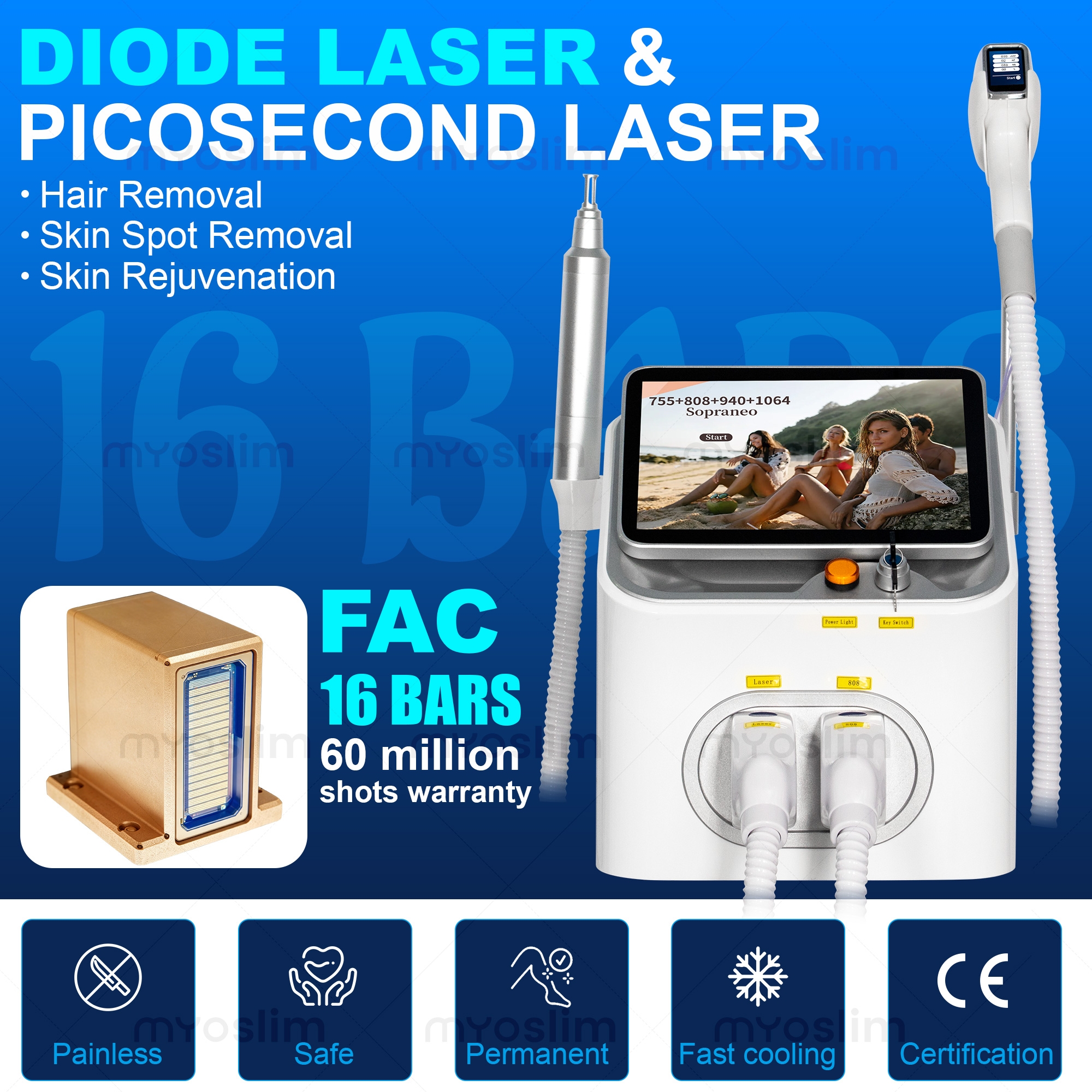 Myoslim 5000W 2 IN 1 Professional 4 Wave FAC 808 Diode Picosecond Machine Permanent Painless Hair Removal Tattoo Rem