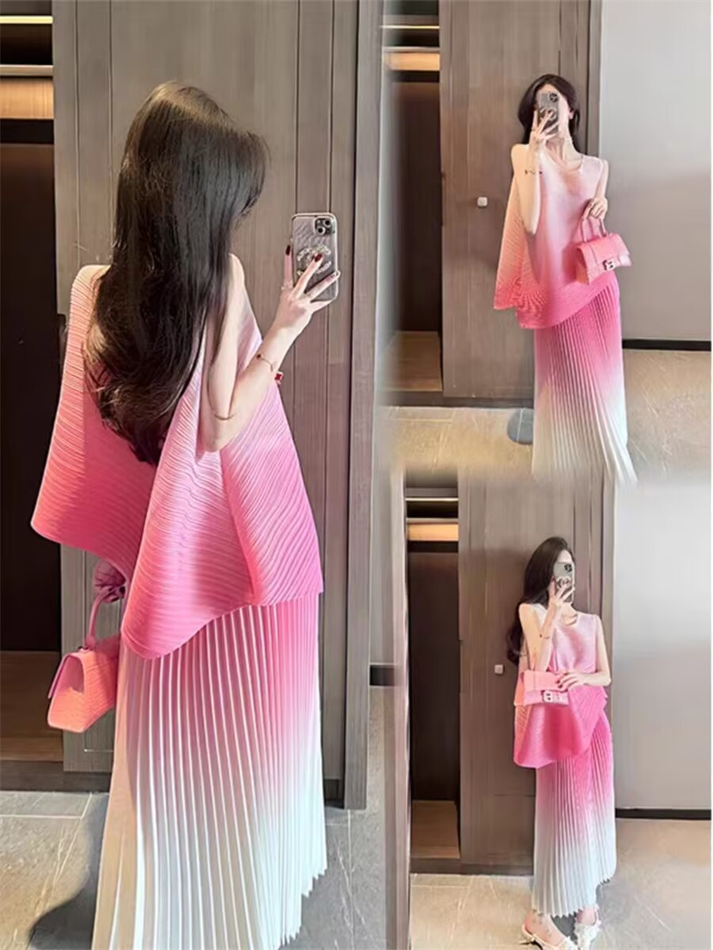 ドレスエレガントなパーティードレス女性パープルプリーツ小さなフレグランススーツスカート女性の夏のプリーツシンプルなスカートツーピーススーツ
