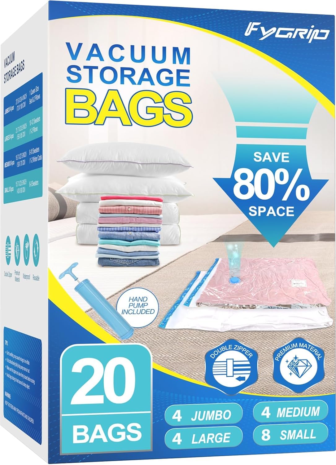 ハンドポンプ付き真空保存袋、プラスチック包装袋、衣類、旅行かばん、ブラン用の80％省スペース真空シールバッグ