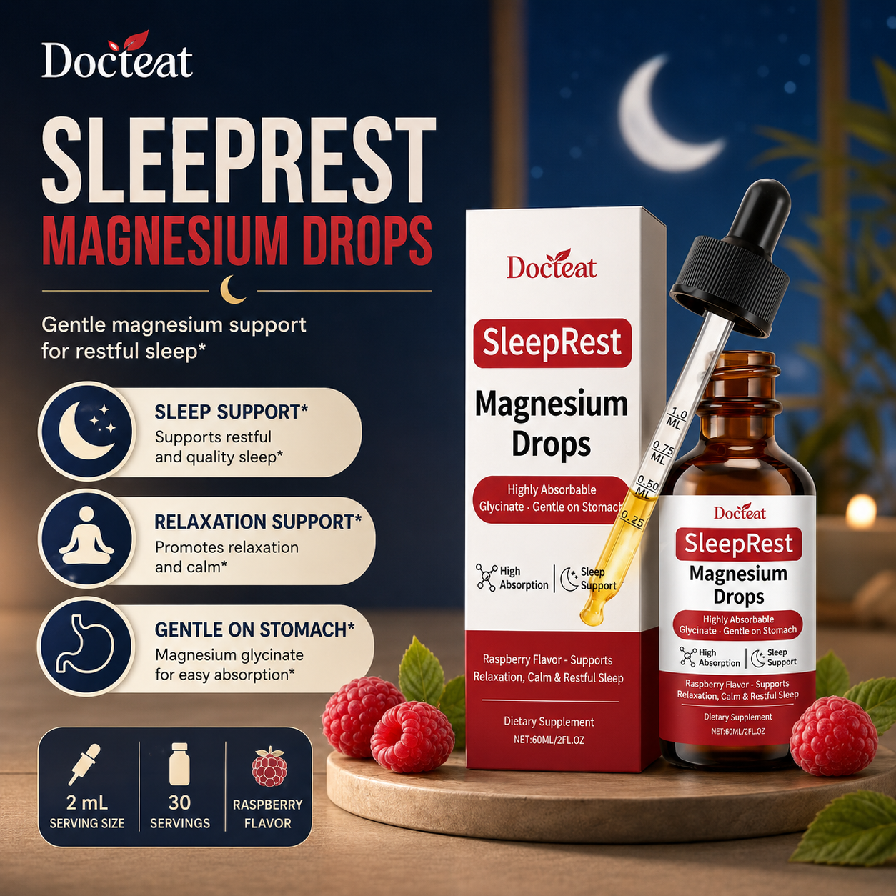 Docteat マグネシウム ドロップ、グリシン酸マグネシウム、ビタミン C、ラズベリー エキス配合、睡眠サポート リラクゼーション 大人用 60 ml