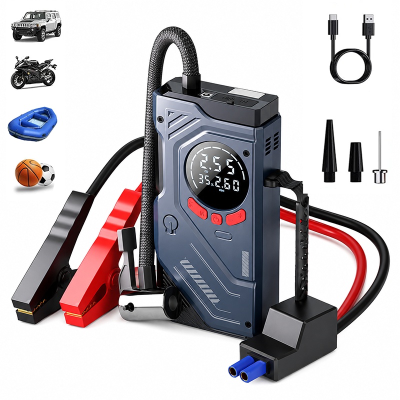 ポータブルジャンプスターターエアコンプレッサー付き 12V ガソリンディーゼル車 150 PSI 車のタイヤエアポンプ LED ライト付き