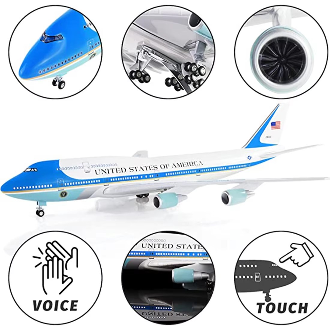 エアフォースワン飛行機 B747 モデル飛行機キットディスプレイダイキャスト飛行機 LED ライト付き大人用 (タッチまたはサウンドコントロール)