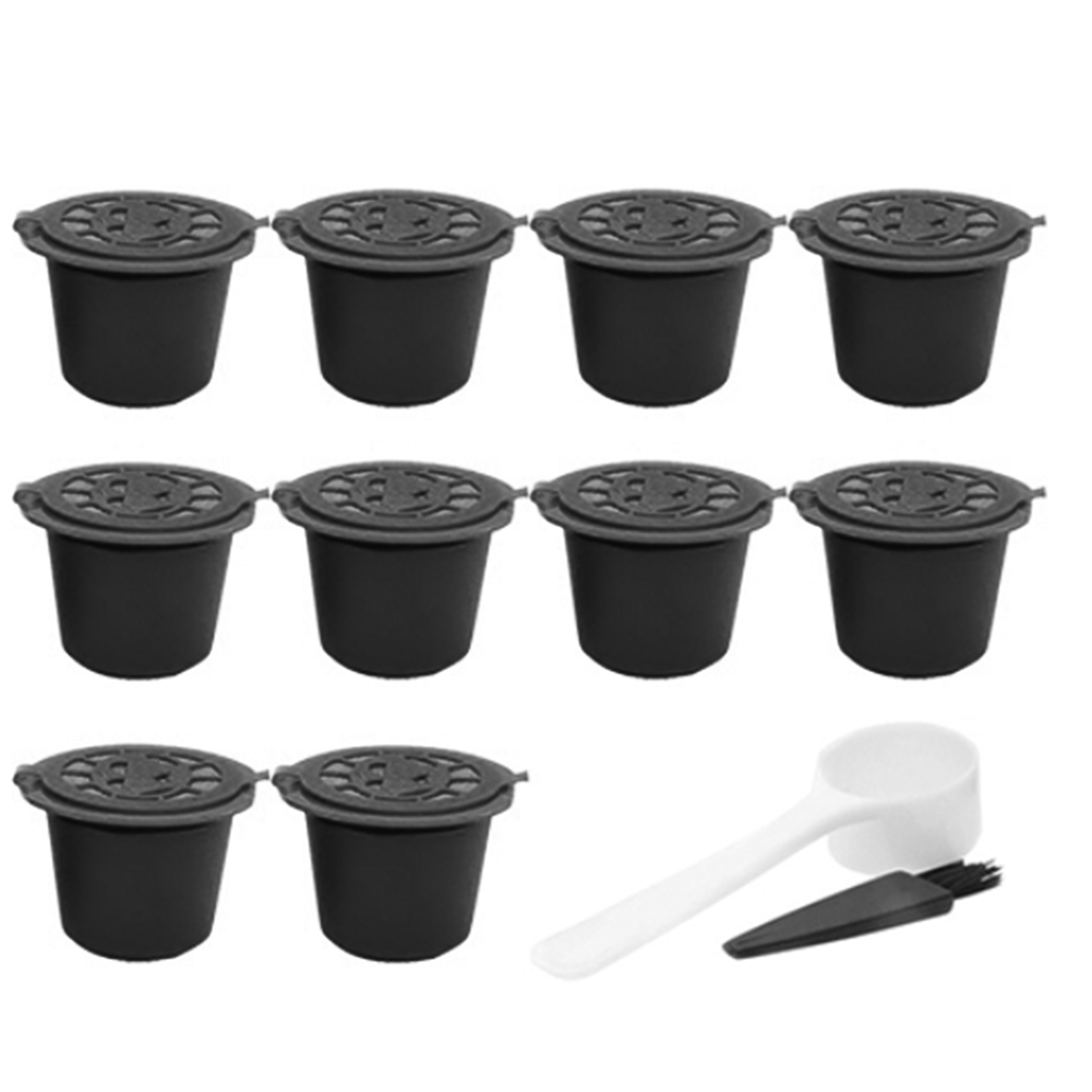 10 個再利用可能な詰め替えコーヒーカプセルフィルターネスプレッソ用スプーンブラシキッチンアクセサリーコーヒーフィルターブラック