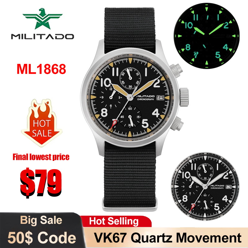 Militado ML1868KF クォーツ時計 VK67 クロノグラフムーブメントミリタリー 3 ダイヤルヴィンテージ時計 100 メートル防水サファイアクリスタル時計