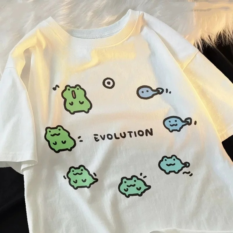 2025 新カエル進化プリント女性の Tシャツ日本のレトロストリートカジュアルファッション夏の Tシャツヴィンテージ服