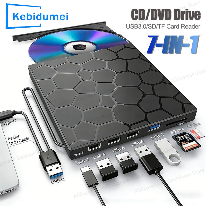 ポータブル DVD プレーヤー 7 in 1 外付け CD/DVD RW ドライブ USB 3.0 Type C CD バーナー外付けディスクドライブ (デスクトップ Mac Windows Linux 用)