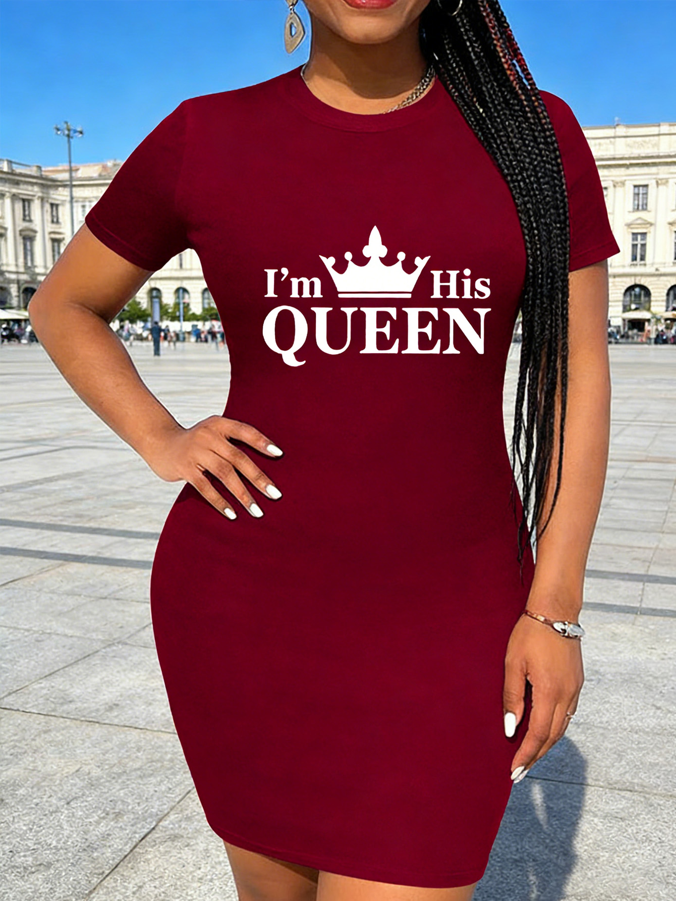 レディースカジュアル「I'M HIS QUEEN」テーマ文字と幾何学模様プリント長袖 T シャツドレス - ラウンドネック半袖、l