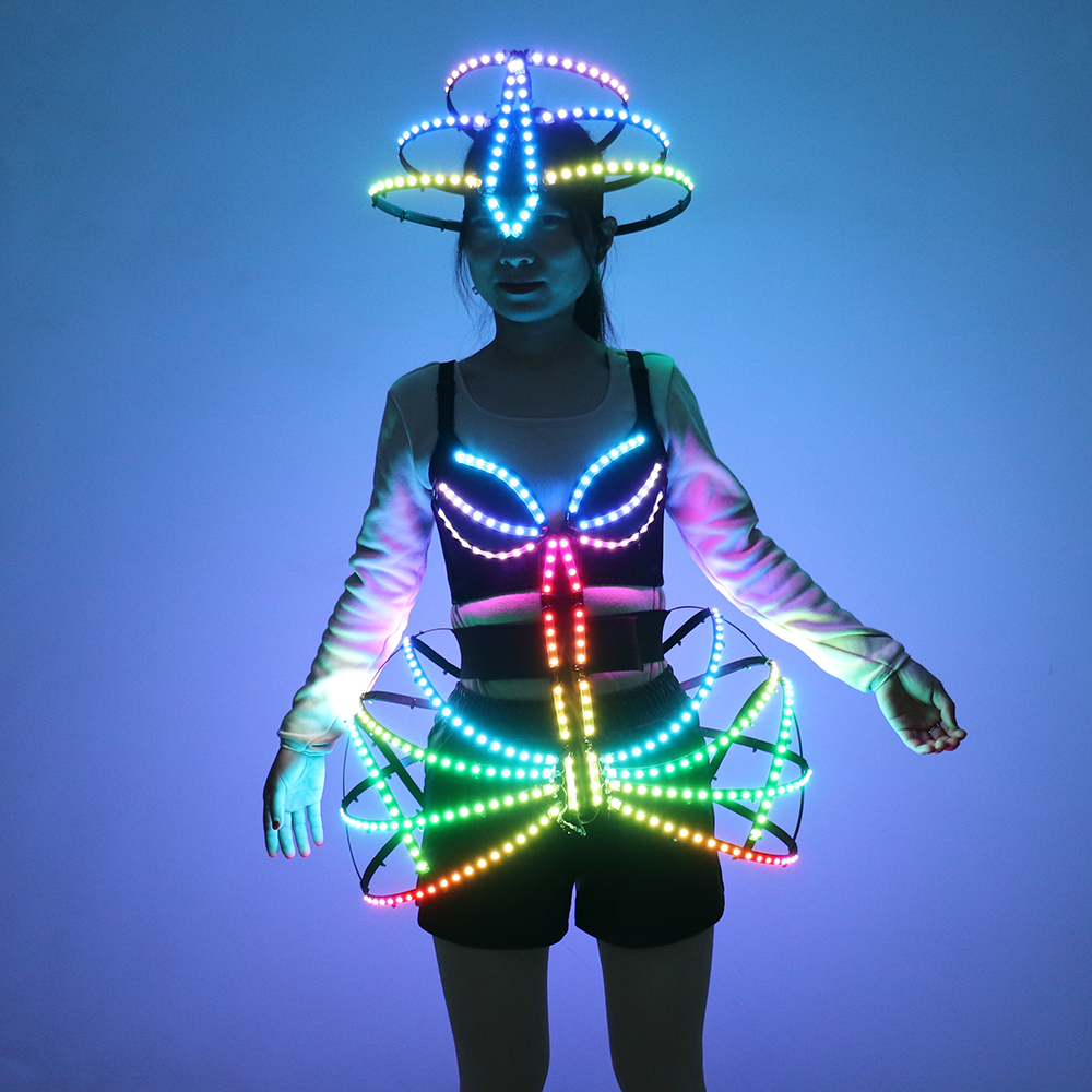 ピクセルスマート LED ケージ衣装セクシーガールライトアップバレエドレスパーティーダンス光るチュチュブラジャーリードダンサー発光服スーツ