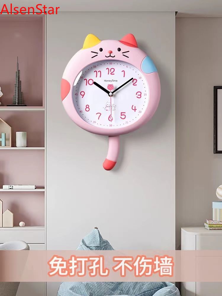 かわいいピンク猫時計女の子子供部屋壁掛け時計リビングルーム寝室漫画ミュート時計時計家の装飾
