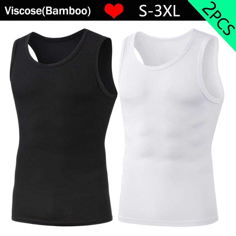 2 ピース/パックメンズタンクトップノースリーブジム Tシャツマンベスト無地圧縮肌着男性トップス高品質竹繊維