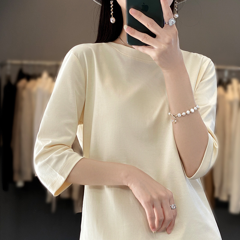 シルケットコットンクロップドスリーブ女性の春と夏の 2023 新しいラウンドネックルーズ綿 100% 半袖底 Tシャツ