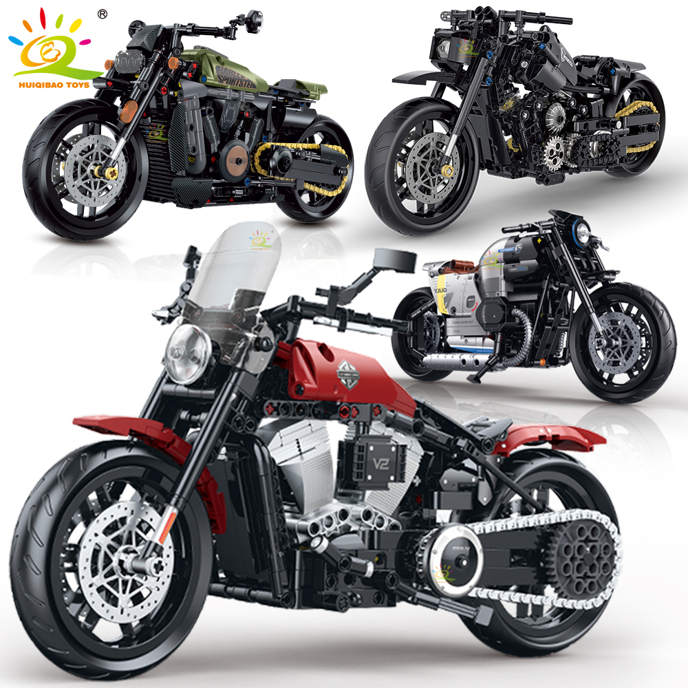 HUIQIBAO 1:8 クラシックバイクビルディングブロックハイテクモデルモトシティレーサーレンガのおもちゃ子供男の子子供大人 MOC 車セット