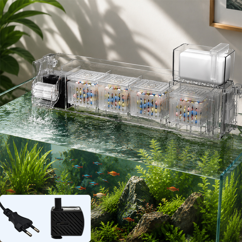 220V 3W 水族館の水槽トップフィルターボックス、バイオボールと水中ポンプ水循環降雨酸素滝システム付き