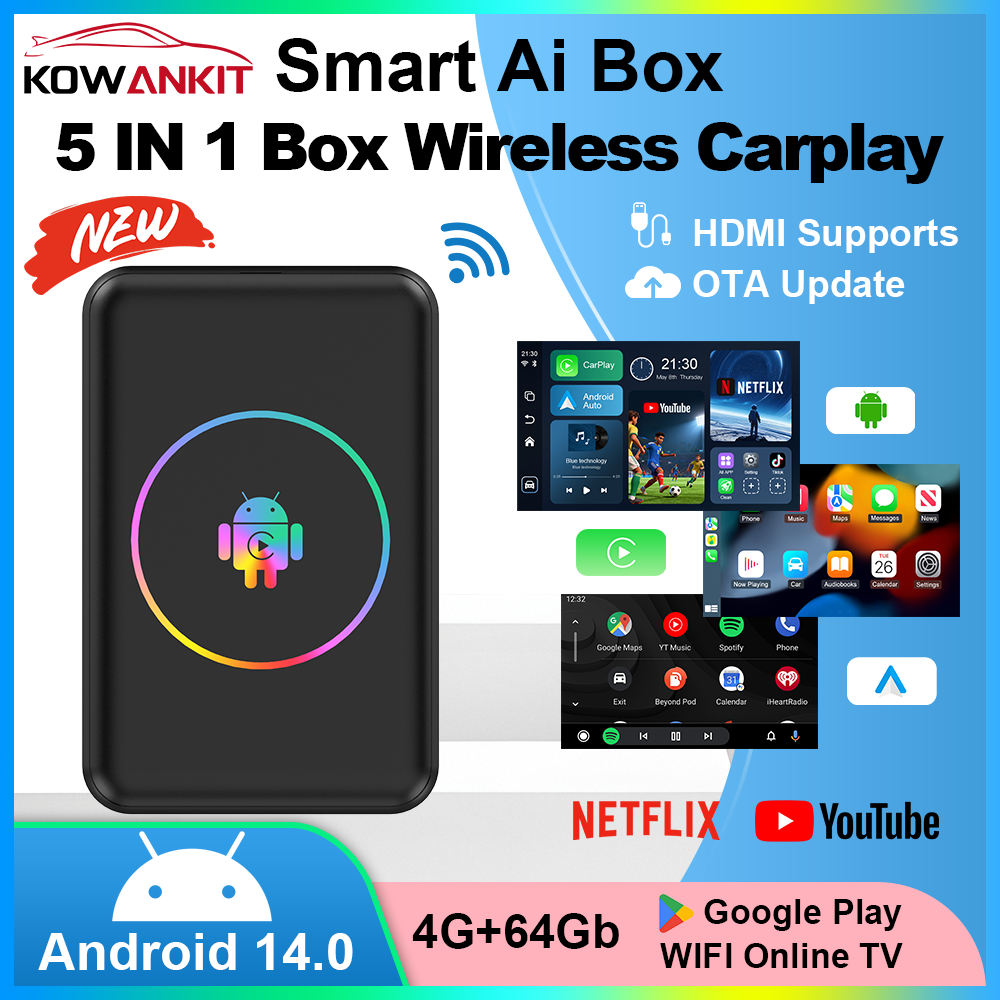 Android 14 4 64G ワイヤレス CarPlay Ai ボックス Kowankit スマート 5 in 1 HDMI プラグ
