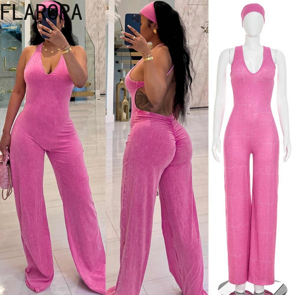 FLARORA ファッションプリントジャンプスーツヘッドバンド女性ソリッドカラーディープ V ネックノースリーブバックレスシャーリングジャンプスーツストリートオーバーオール