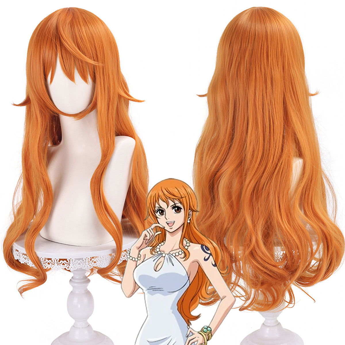 高品質ナミコスプレウィッグ人工毛オレンジロング巻き毛愛らしい甘いアニメウィッグウィッグキャップ