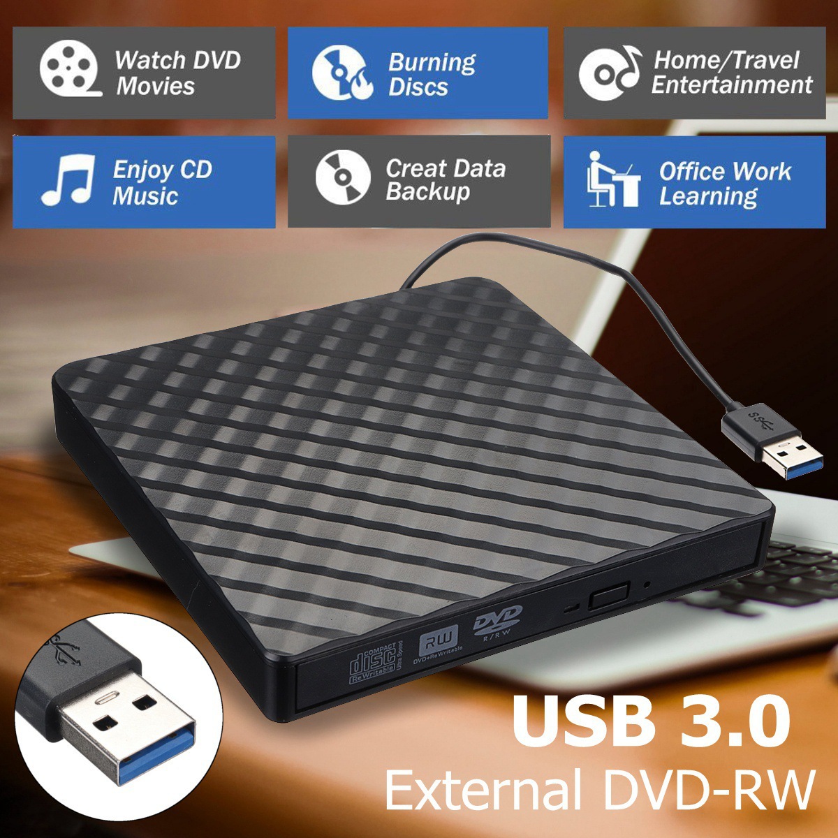 2in1 USB3.0 TypeC スリム外部 DVD RW CD ライタードライブバーナーリーダープレーヤー光学ドライブラップトップ PC DVD バーナー DVD Portatil