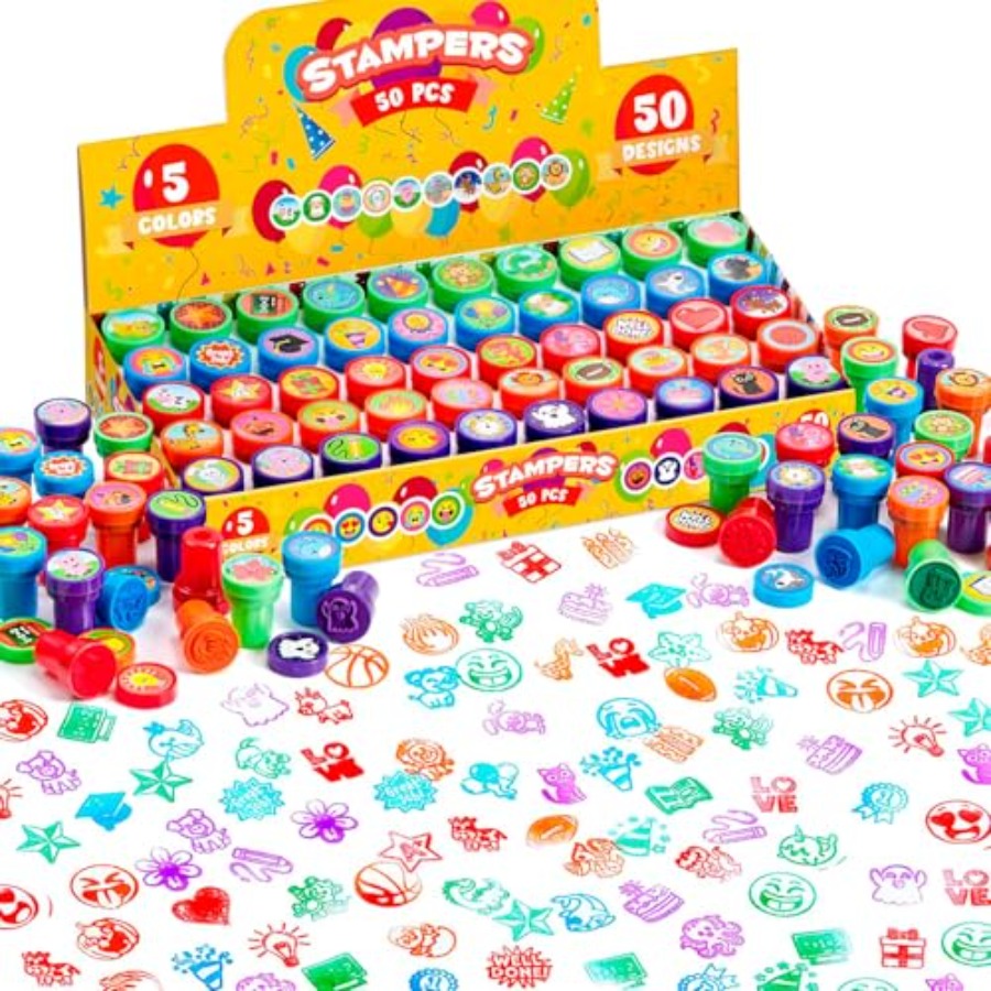 誕生日パーティーの景品、カーニバルの賞品、学校のスタンプ、お菓子袋、クラッカー用の50種類のデザインのセルフインクスタンプ50個セット