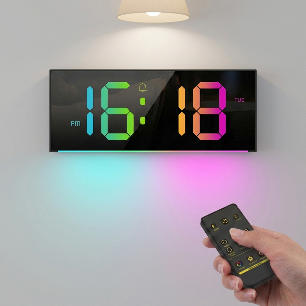 デジタル LED 壁掛け時計 リモコン付き ナイトライト ムード照明 リビングルーム 教室 オフィス 壁掛け スマートホーム