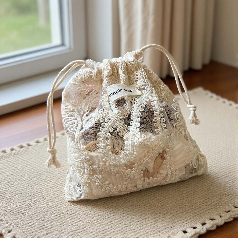 ベージュレース刺繍収納袋中空花巾着化粧収納ポーチバッグ小物バッグトラベルオーガナイザー