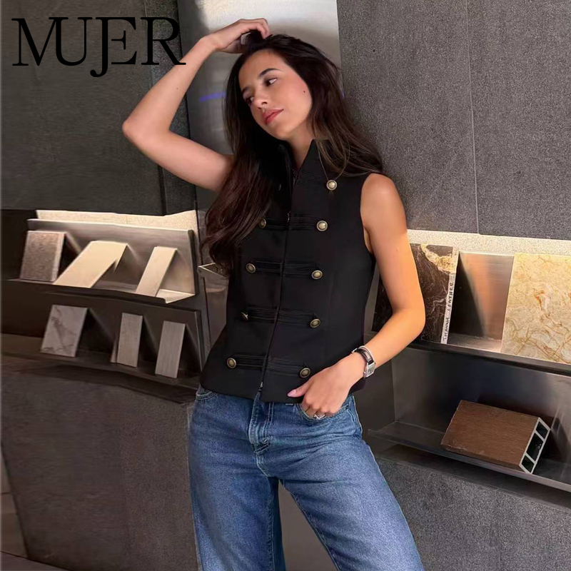 Mujer ボタンノースリーブベスト女性のための黒のレトロな夏のベストトップ女性ハイネック女性のテーラードベストカジュアルチョッキ女性