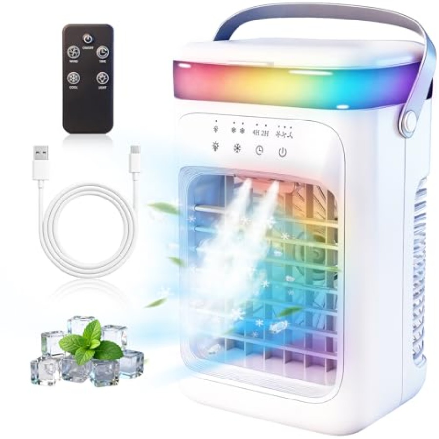 寝室オフィスカー用ポータブルエアコン、蒸発クーラー素材、白色、4-in-1機能、30dB低騒音